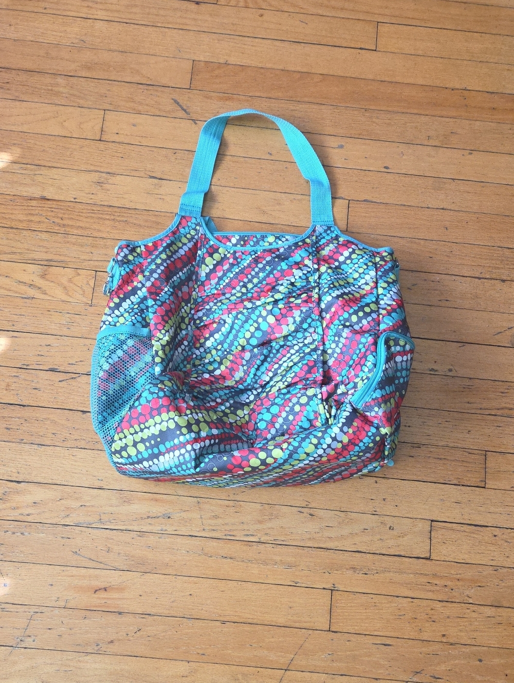 Thirty-One Multicolor Dot-Print Tote with Turquoise Straps